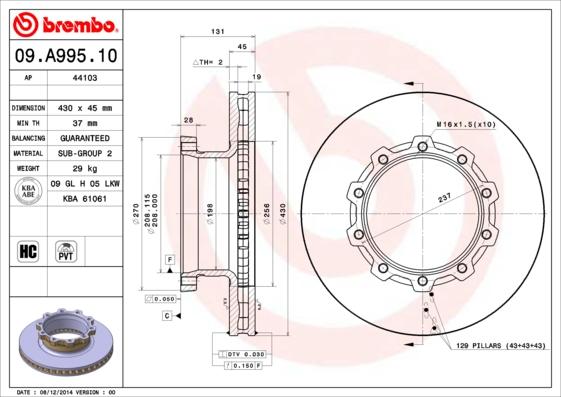 Brembo 09.A995.10 - Тормозной диск autosila-amz.com