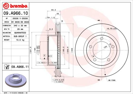 Brembo 09.A966.11 - Тормозной диск autosila-amz.com