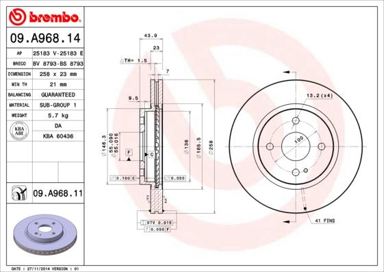 Brembo 09.A968.14 - Тормозной диск autosila-amz.com