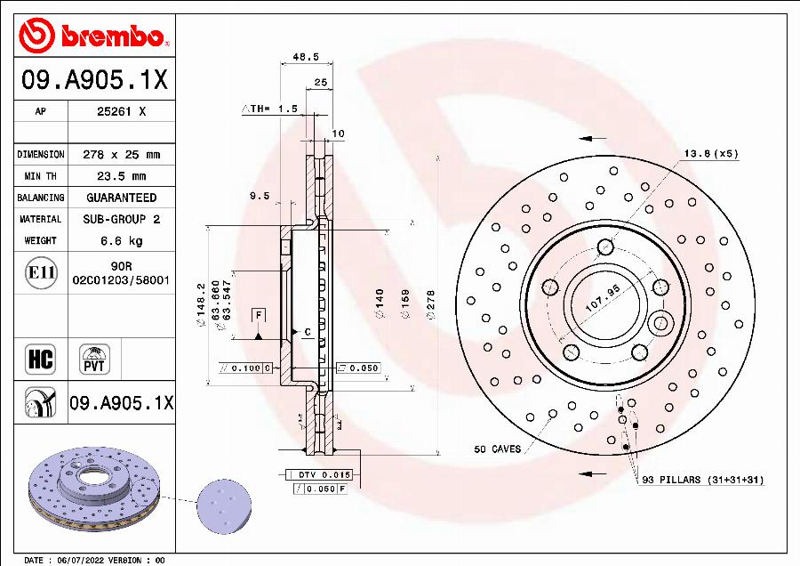Brembo 09.A905.1X - High-efficiency brake disc, BREMBO Xtra, Drilled, front, outer diameter 278 mm, thickness 25 mm, fit autosila-amz.com
