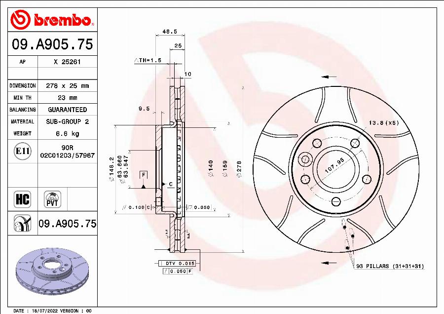 Brembo 09.A905.75 - Тормозной диск autosila-amz.com