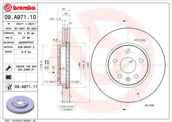 Brembo 09.A971.10 - Тормозной диск autosila-amz.com