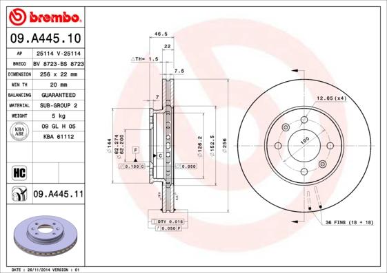 Brembo 09.A445.11 - Диск тормозной передн. с УФ покрытием HYUNDAI ACCENT III (MC) 11/05-12/10 / HYUNDAI ACCENT III Saloon (MC) 11/05-11/10 / HYUNDAI autosila-amz.com