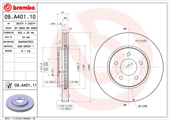 Brembo 09.A401.11 - Тормозной диск autosila-amz.com
