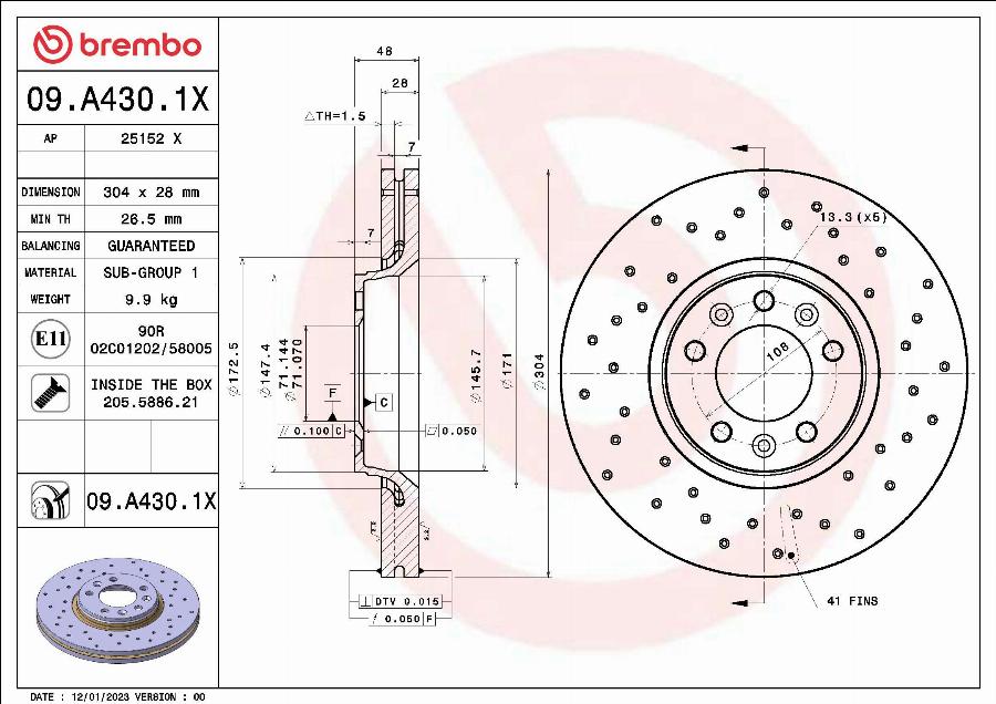 Brembo 09.A430.1X - Тормозной диск autosila-amz.com