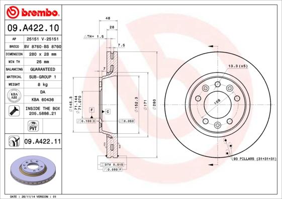 Brembo 09.A422.10 - Тормозной диск autosila-amz.com