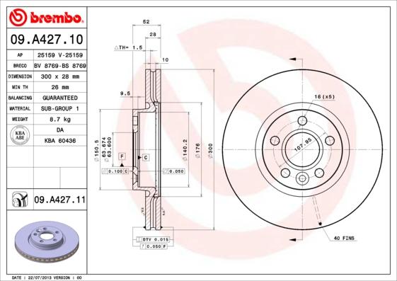 Brembo 09.A427.10 - Тормозной диск autosila-amz.com