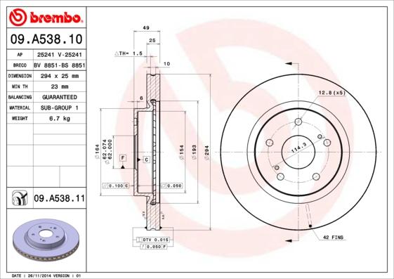 Brembo 09.A538.10 - Тормозной диск autosila-amz.com