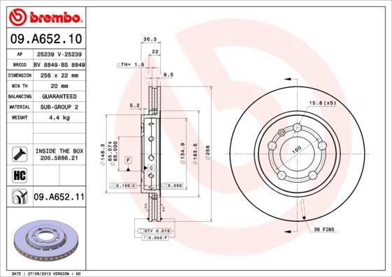 Brembo 09.A652.10 - Тормозной диск autosila-amz.com