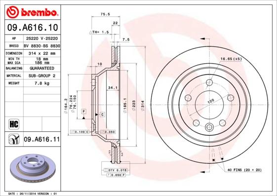 Brembo 09.A616.10 - Тормозной диск autosila-amz.com