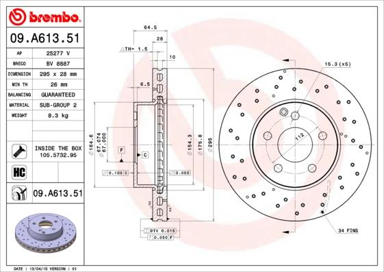 Brembo 09.A613.51 - Тормозной диск autosila-amz.com