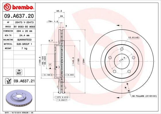 Brembo 09.A637.20 - Тормозной диск autosila-amz.com