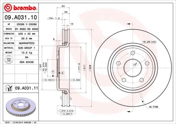 Brembo 09.A031.10 - Тормозной диск autosila-amz.com