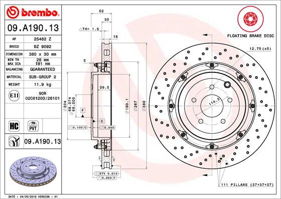 Brembo 09.A190.13 - Тормозной диск autosila-amz.com