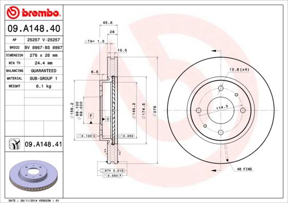 Brembo 09.A148.41 - Тормозной диск autosila-amz.com