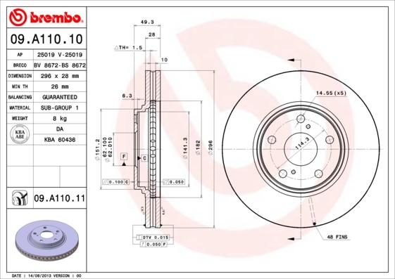 Brembo 09.A110.10 - Тормозной диск autosila-amz.com