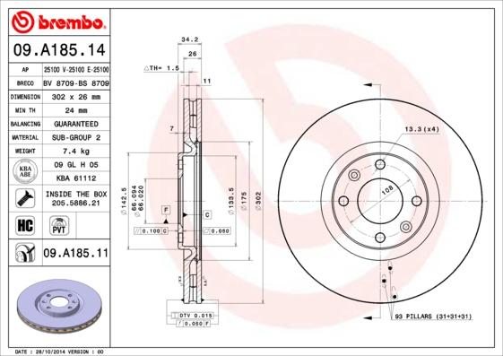 Brembo 09.A185.11 - Тормозной диск autosila-amz.com