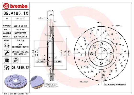 Brembo 09.A185.1X - Тормозной диск autosila-amz.com