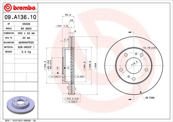 Brembo 09.A136.10 - Тормозной диск autosila-amz.com