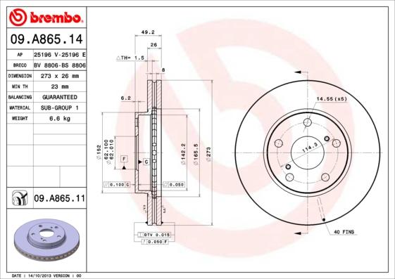 Brembo 09.A865.14 - Тормозной диск autosila-amz.com