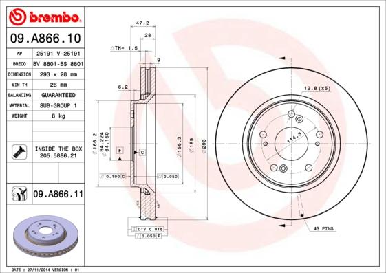Brembo 09.A866.10 - Тормозной диск autosila-amz.com