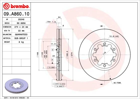 Brembo 09.A860.10 - Тормозной диск autosila-amz.com