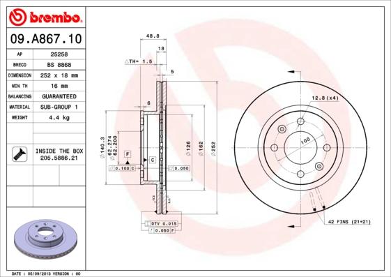 Brembo 09.A867.10 - Тормозной диск autosila-amz.com