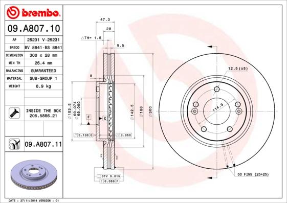 Brembo 09.A807.11 - Тормозной диск autosila-amz.com