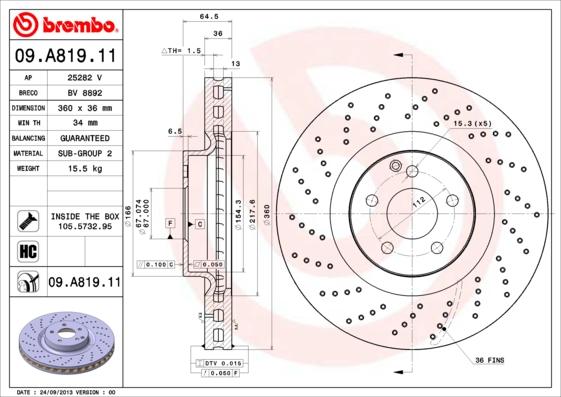 Brembo 09.A819.11 - Тормозной диск autosila-amz.com