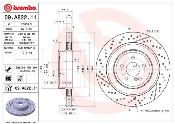 Brembo 09.A822.11 - Тормозной диск autosila-amz.com