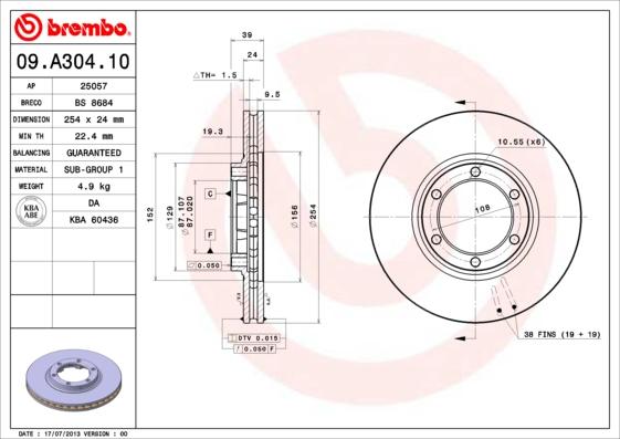 Brembo 09.A304.10 - Тормозной диск autosila-amz.com