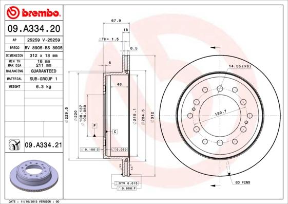 Brembo 09.A334.21 - Тормозной диск autosila-amz.com