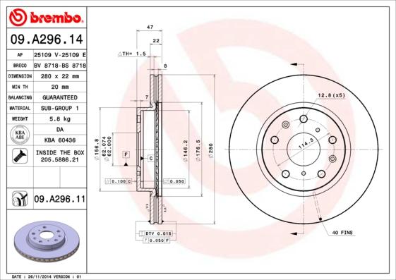 Brembo 09.A296.14 - Тормозной диск autosila-amz.com