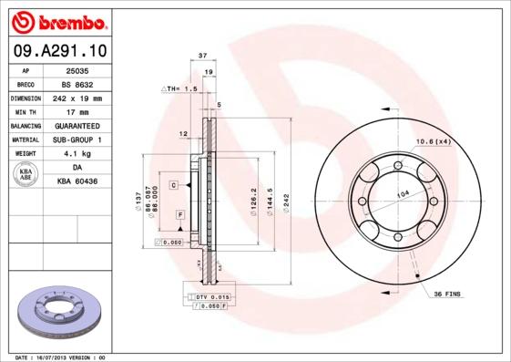 Brembo 09.A291.10 - Тормозной диск autosila-amz.com