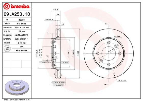 Brembo 09.A250.10 - Тормозной диск autosila-amz.com