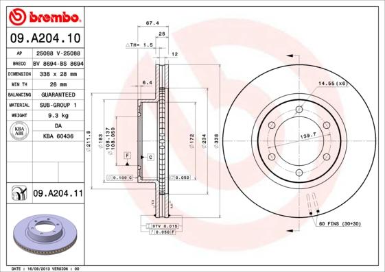Brembo 09.A204.11 - Тормозной диск autosila-amz.com