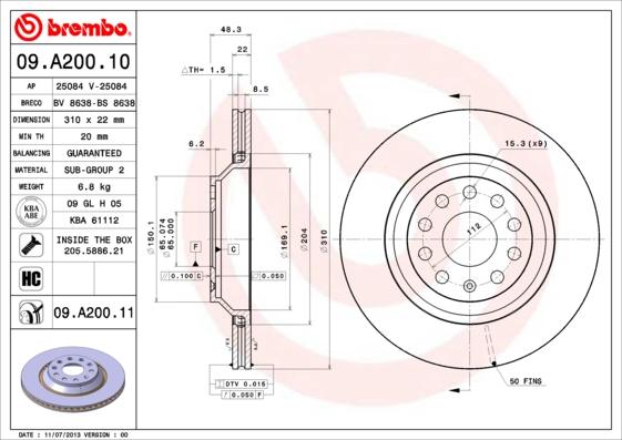 Brembo 09.A200.10 - Тормозной диск autosila-amz.com