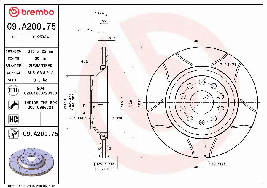 Brembo 09.A200.75 - Тормозной диск autosila-amz.com