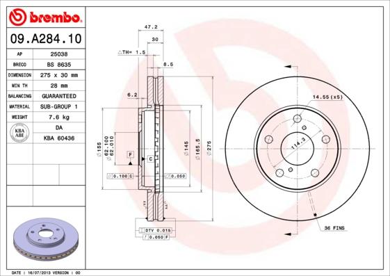 Brembo 09.A284.10 - Тормозной диск autosila-amz.com