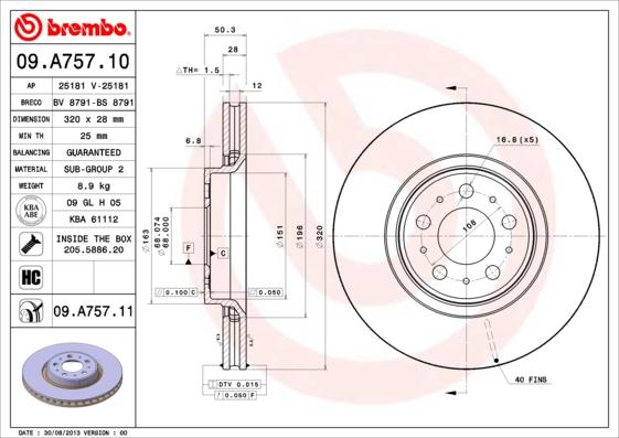 Brembo 09.A757.10 - Тормозной диск autosila-amz.com