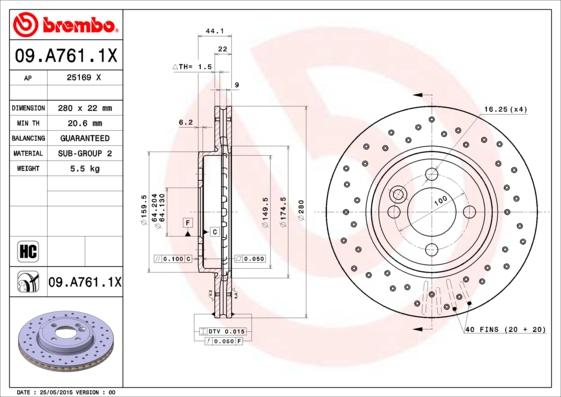 Brembo 09.A761.1X - Тормозной диск autosila-amz.com