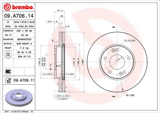 Brembo 09.A706.11 - Тормозной диск autosila-amz.com