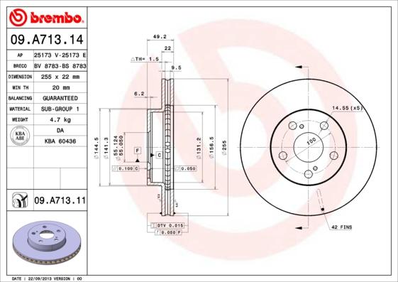 Brembo 09.A713.14 - Тормозной диск autosila-amz.com