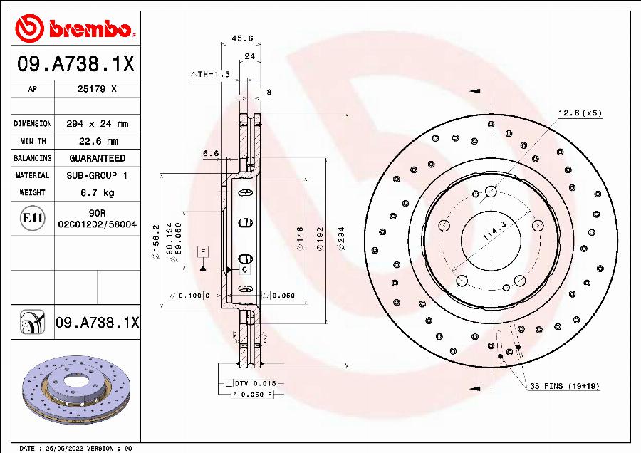 Brembo 09.A738.1X - Высокоэффективный тормозной диск, 1шт., Xtra, Вентилируемый, Пробурено, передн Лев/Прав, наружный ди autosila-amz.com