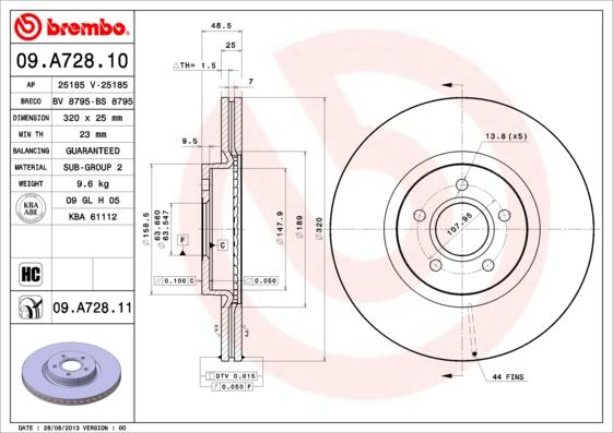Brembo 09.A728.11 - Диск тормозной передн. с УФ покрытием FORD FOCUS II (DA_, HCP) 07/04-09/12 / VOLVO (CHANGAN) S40 (MS) 06/06-> / VO autosila-amz.com