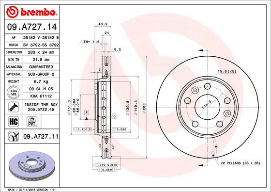 Brembo 09.A727.11 - Тормозной диск autosila-amz.com