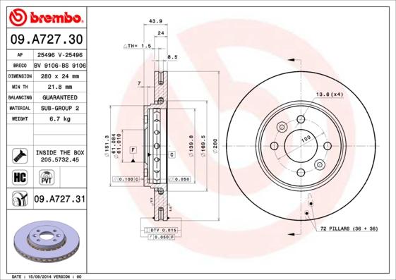 Brembo 09.A727.31 - Тормозной диск autosila-amz.com