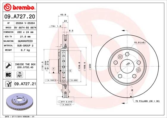 Brembo 09.A727.20 - Тормозной диск autosila-amz.com