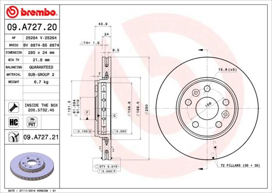 Brembo 09.A727.21 - Тормозной диск autosila-amz.com