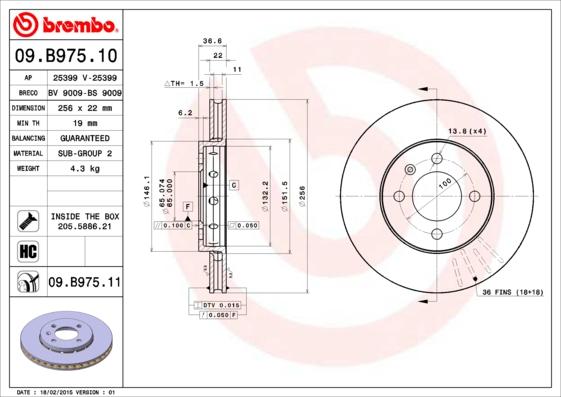 Brembo 09.B975.10 - Тормозной диск autosila-amz.com